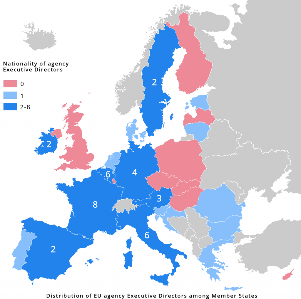 Distribution of EU agency directors among Member States highlighting the EU's East-West divide