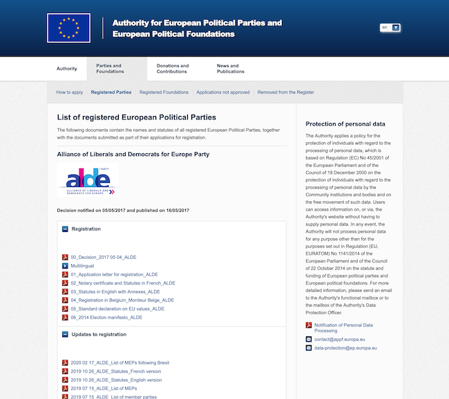 Information provided by the APPF on European parties mostly consists of lists of PDF files