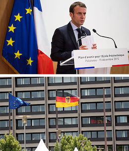 Use of the European flag alongside a national flag for a national event (up) and in front of a national building (below, Deutsche Bundesbank, Germany). The λogos project argues a similar use should be made for European parties' logos alongside national parties' own logos.