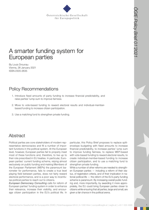 Published by the Austrian Society for European Politics (ÖGFE), this Policy Brief assesses European parties' compliance with the roles and functions of political parties, summarises current funding rules, and draws from best practices in multi-level political systems to present concrete reform proposals for the funding of European parties. These proposals aim at enhancing parties’ role, increasing their visibility, and encouraging citizens' participation in the political life of our Union.