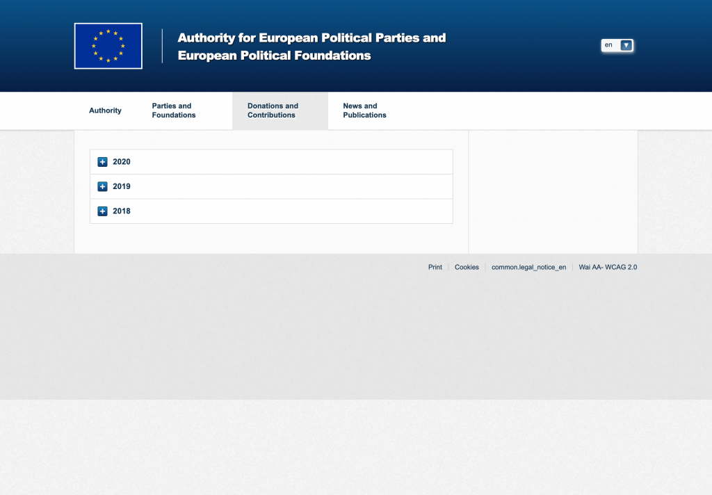 Page of the APPF website regarding donations and contributions for European political parties