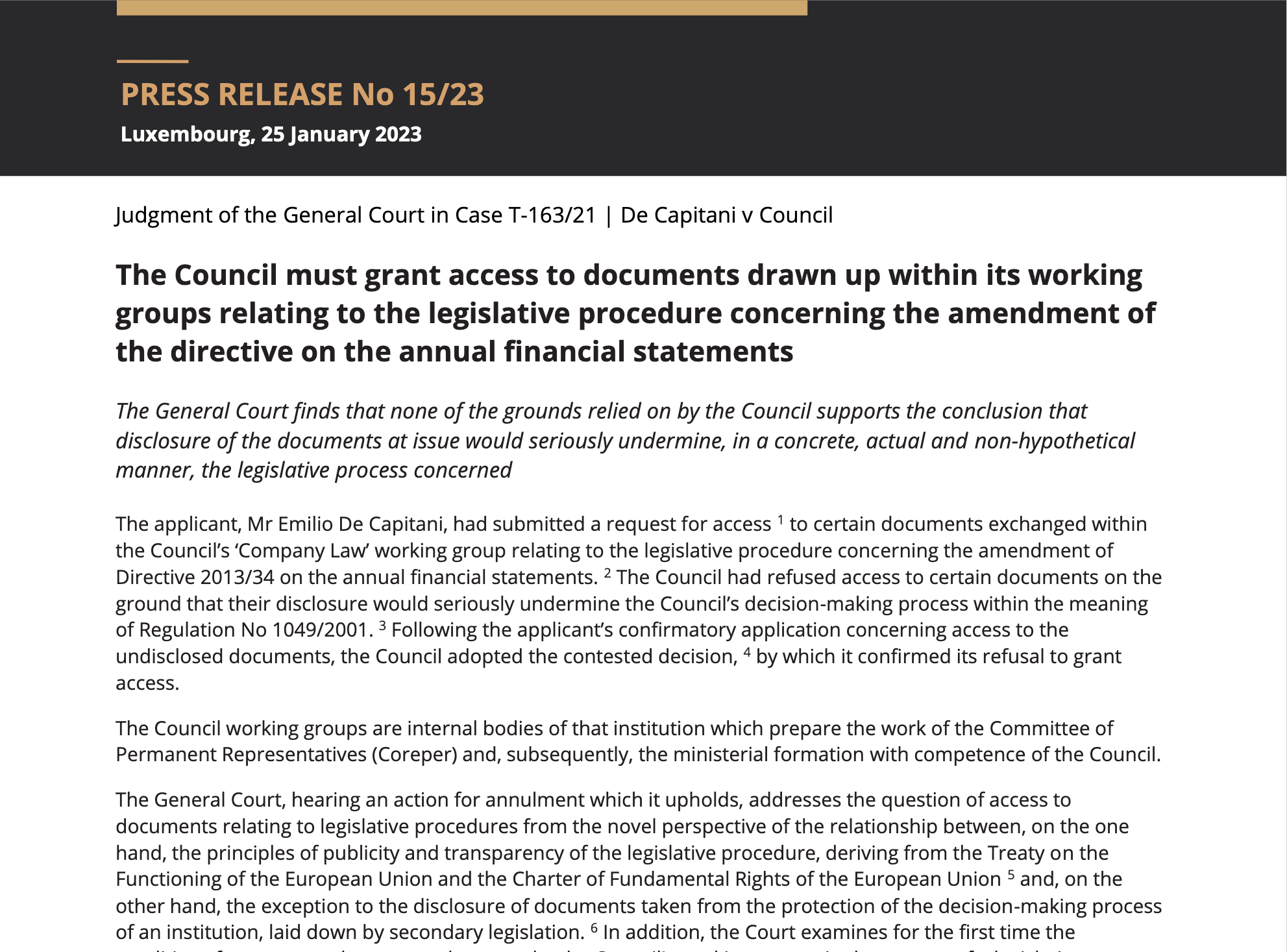 Press release of the European Court of Justice regarding its "Capitani" decision