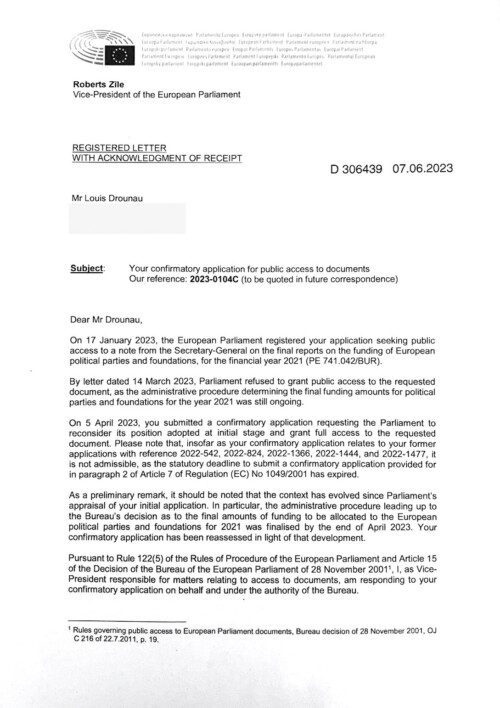 Letter from the European Parliament - page 1
